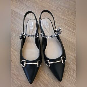 Alfani Step Flex Point Tie Black Flats with Silver Chain Detail, Size 10m